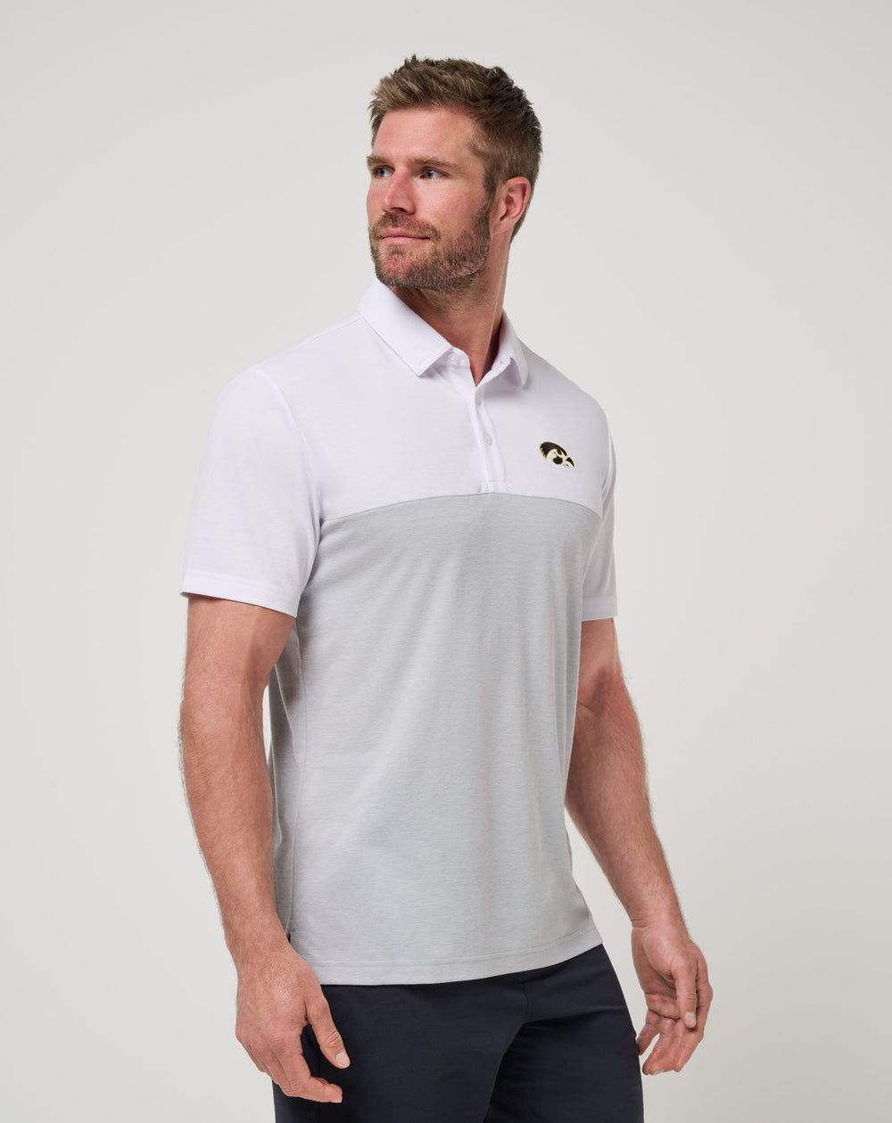 Iowa Drop Back Polo Men|Game Day|New/White/Heather Grey