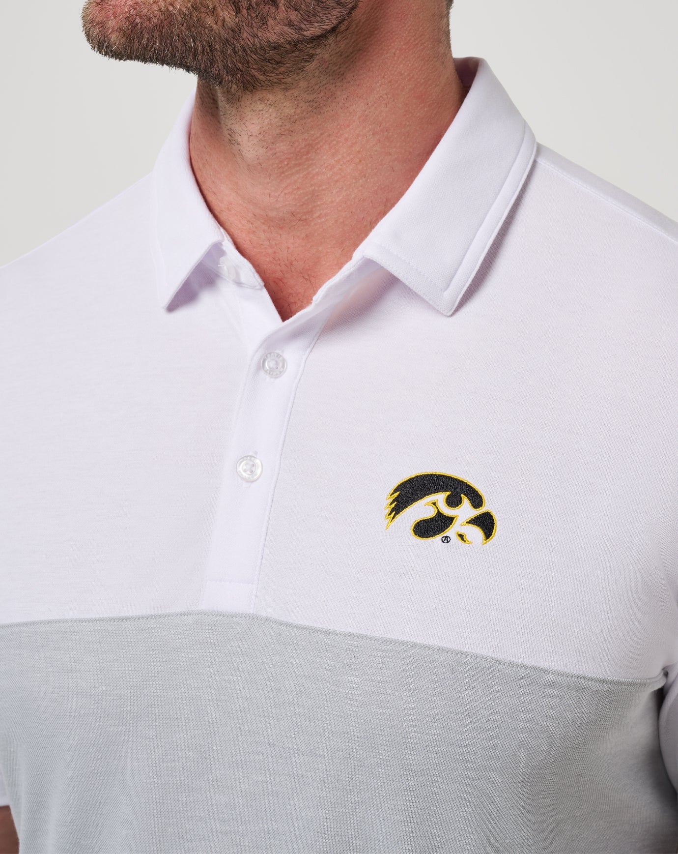 Iowa Drop Back Polo Men|Game Day|New/White/Heather Grey