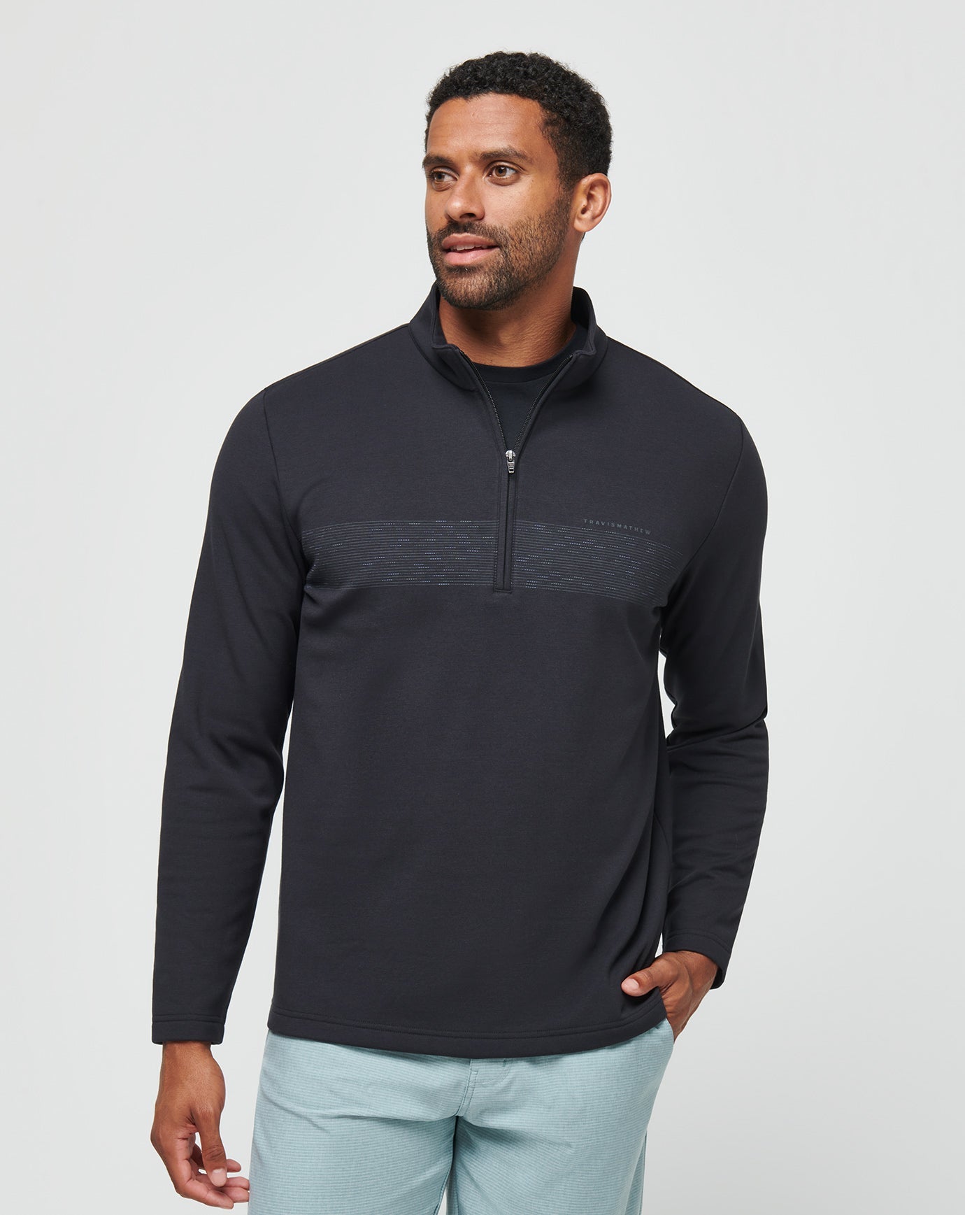 Upgraded Fleece Chest Stripe Quarter Zip Men/Black/Coronet