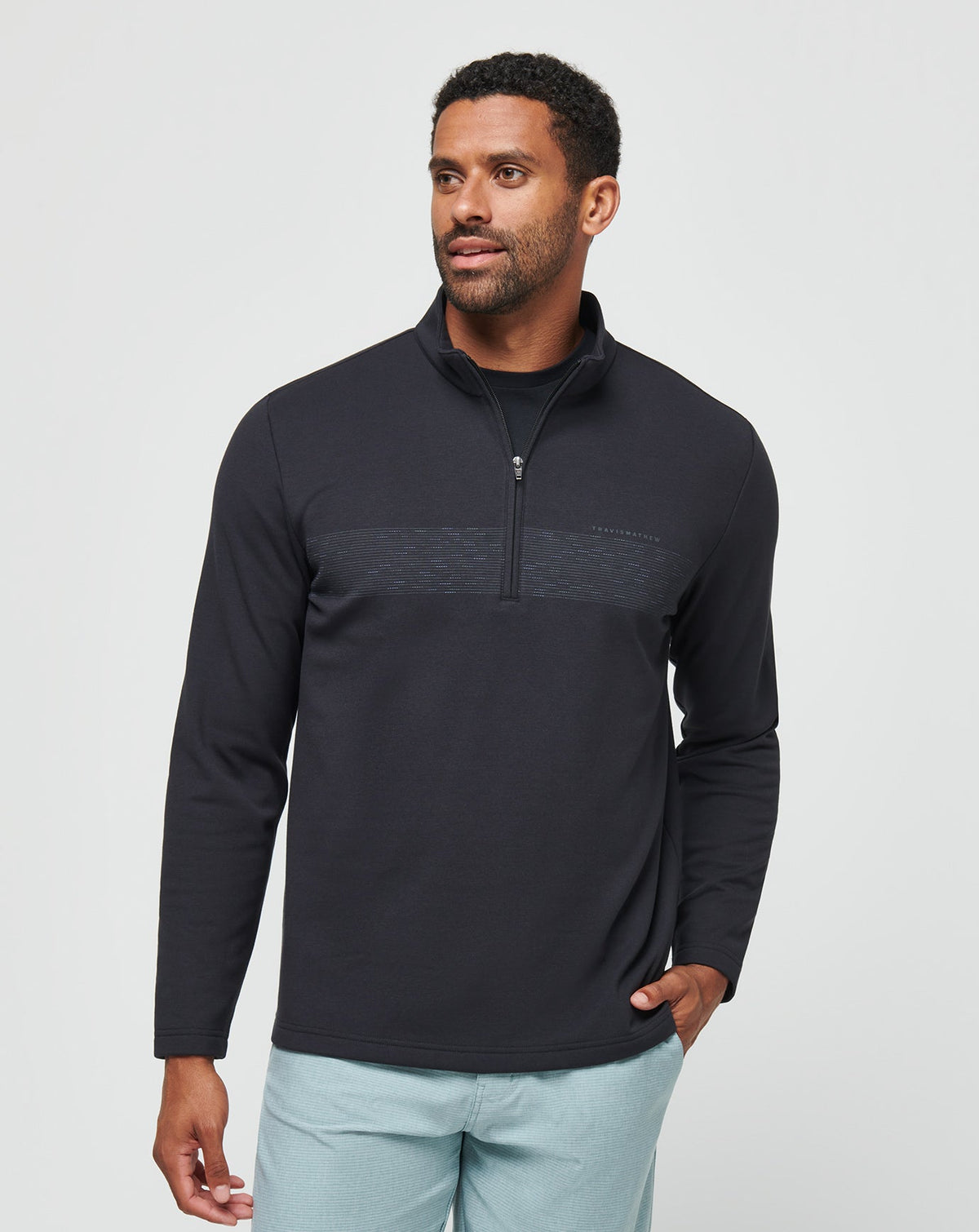 Upgraded Fleece Chest Stripe Quarter Zip Men/Black/Coronet