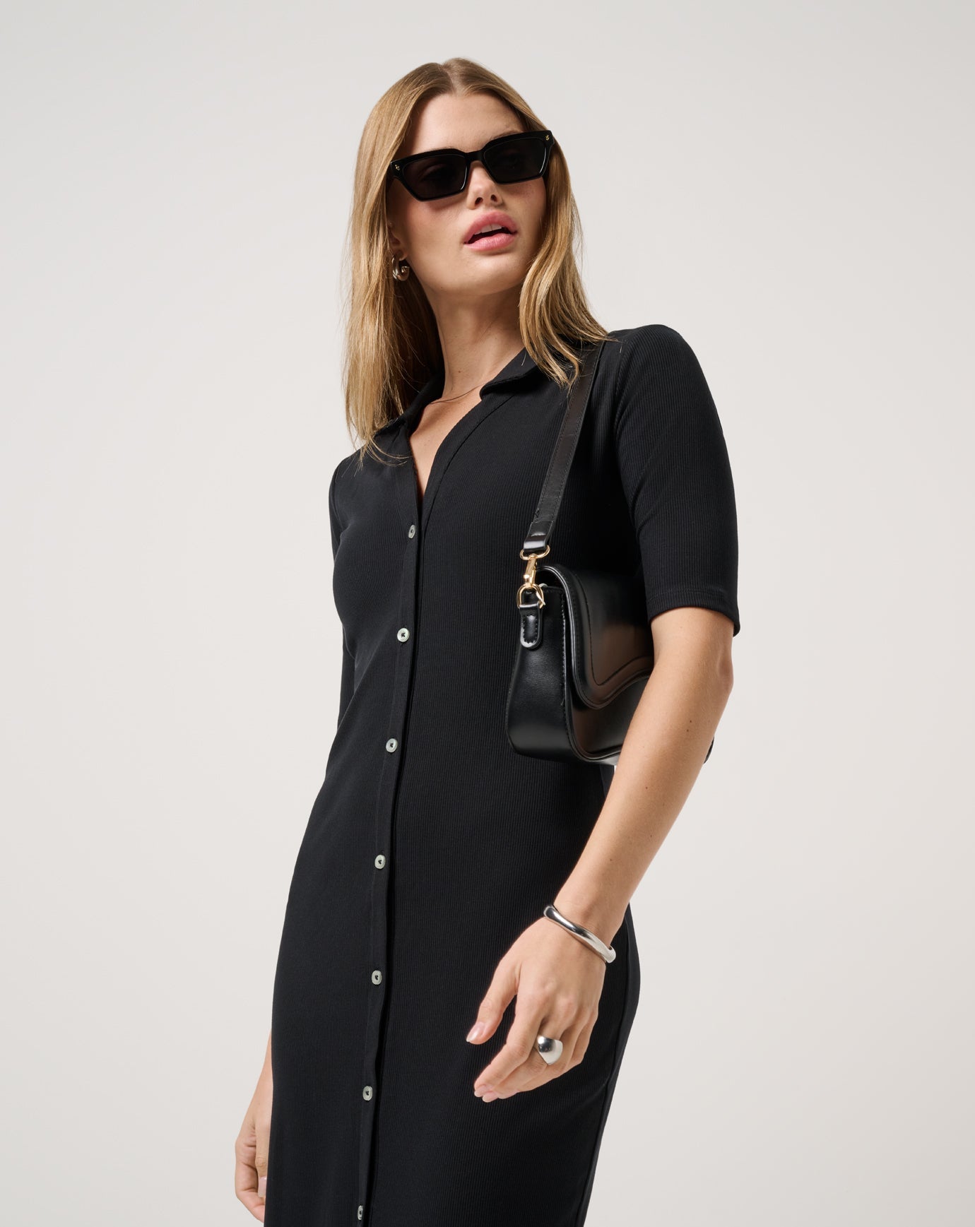 Cloud Rib Polo Midi Dress Women/Black